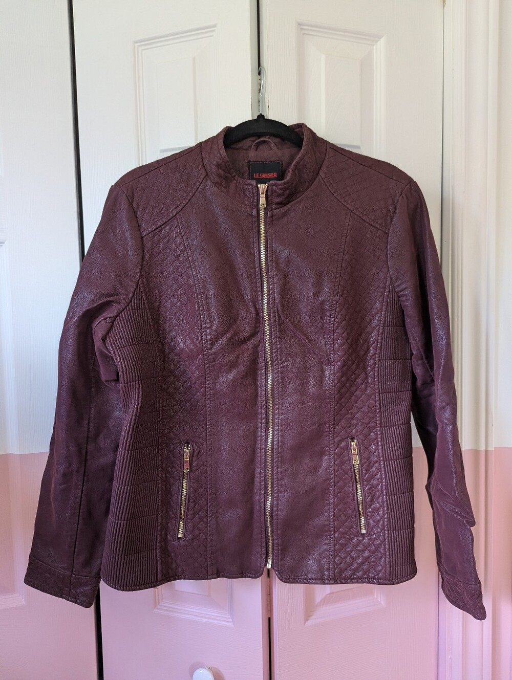 Burgundy Quilted Faux Leather Zip Jacket